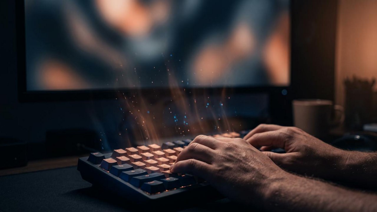 Développement d'un outil IA sur mesure pour une PME : mains sur un clavier rétroéclairé devant l'écran d'un logiciel métier connecté à un modèle d'intelligence artificielle local